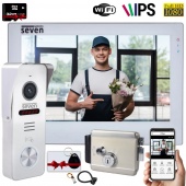 Комплект wifi видеодомофона, вызывной панели со считывателем и электрозамка Seven Smart Home white