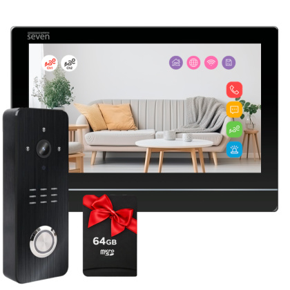 Комплект видеодомофона 7 дюймов с Wi-Fi и переадресацией звонка SEVEN DP-7576Kit black + microSD 64GB
