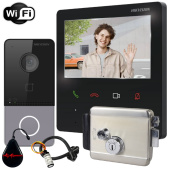 Бездротовий 4" Wi-Fi домофон із замком та Wi-Fi панеллю зі зчитувачем Hikvision DS-WF61-CR-EM Black (управління зі смартфона)