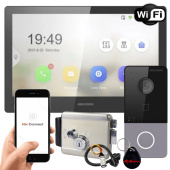 Беспроводной 10" Wi-Fi домофон с замком и Wi-Fi панелью со считывателем Hikvision DS-KH85-CR-EM (управление со смартфона)