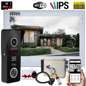 Комплект 7" wifi відеодомофону, панелі виклику зі зчитувачем та електрозамка Seven Smart Home white
