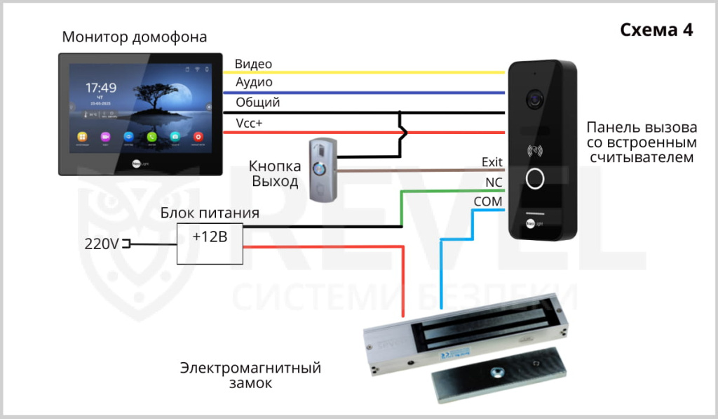 Схема подключения домофона, панели вызова со считывателем и электромагнитного замка