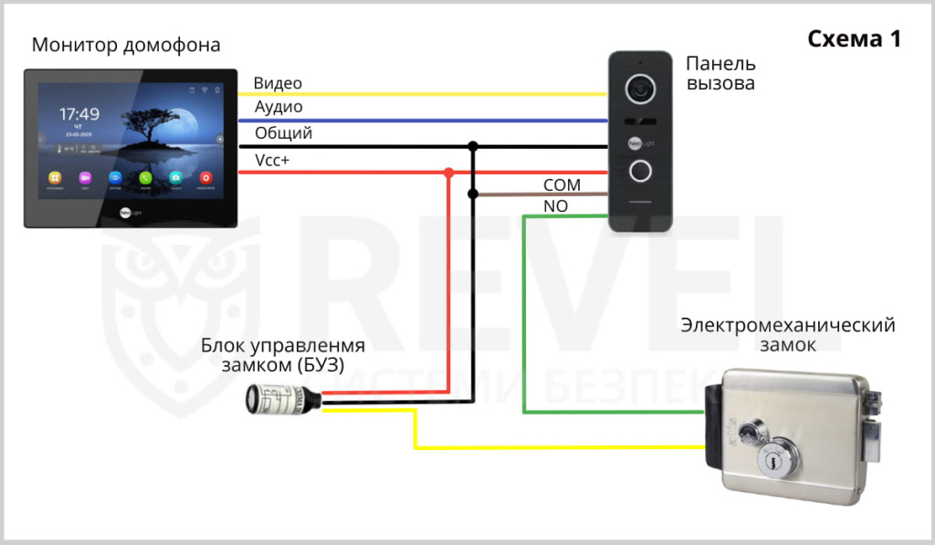 Схема подключения домофона, электромеханического замка и БУЗа