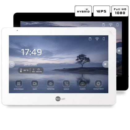 Wi-Fi видеодомофон 10 дюймов Neolight MEZZO Hybrid White и панель вызова со считывателем и брелками NeoLight OPTIMA ID FHD Black