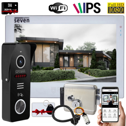Комплект 7" wifi видеодомофона, вызывной панели со считывателем и электрозамка Seven Smart Home white