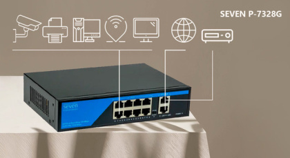 Неуправляемый 8-портовый PoE коммутатор SEVEN P-7328G (8 PoE + 2 uplink порта)