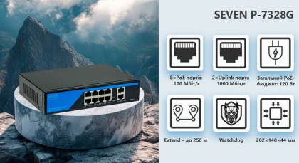 Неуправляемый 8-портовый PoE коммутатор SEVEN P-7328G (8 PoE + 2 uplink порта)
