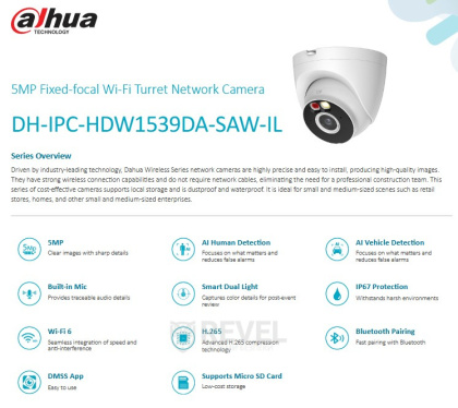 5Мп WiFi IP видеокамера с микрофоном и двойной подсветкой Dahua DH-IPC-HDW1539DA-SAW-IL (2.8мм)