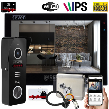 Комплект wifi 7" видеодомофона, вызывной панели со считывателем и электрозамка Seven Smart Home black
