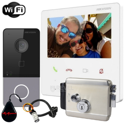 Беспроводной 4" Wi-Fi домофон с замком и Wi-Fi панелью со считывателем Hikvision DS-WF61-CR-EM White (управление со смартфона)