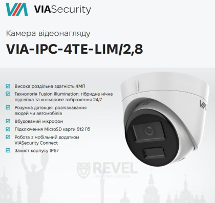 4Мп купольная IP видеокамера с гибридной подсветкой и микрофоном VIASecurity VIA-IPC-4TE-LIM (2.8 мм)
