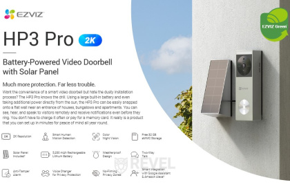 3Мп Wi-Fi дверной звонок Ezviz HP3 Pro (CS-HP3) с аккумулятором и солнечной панелью
