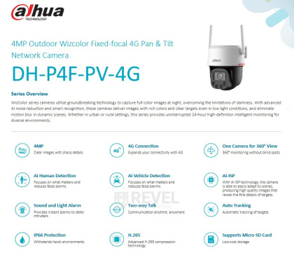 4G IP Wizcolor уличная поворотная видеокамера с AI детекцией и автотрекингом Dahua DH-P4F-PV-4G (4мм)