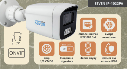 2Мп уличная IP видеокамера с микрофоном, аналитикой и двойной подсветкой SEVEN IP-1022PA (2.8 мм) 2Мп уличная IP видеокамера с микрофоном, аналитикой и двойной подсветкой SEVEN IP-1022PA (2.8 мм)