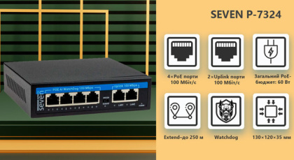 PoE коммутатор (switch) 4 порта SEVEN P-7324