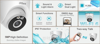 5Mп IP Wi-Fi видеокамера IP67 с микрофоном, динамиком и двойной подсветкой Dahua DH-T5A-PV (2.8 мм)